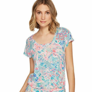 Lilly Pulitzer Inara 100% Linen Beach Top Floral Leaves Serene Blue Casual Shirt